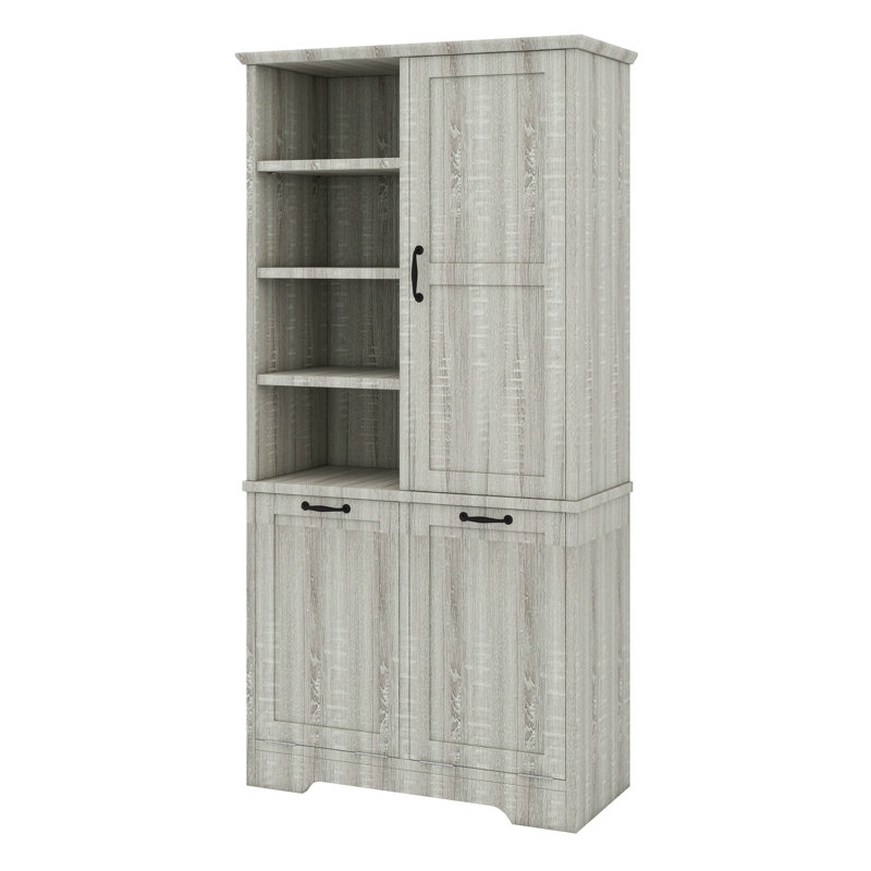 Bathroom Storage Cabinet With Doors And Drawers, Tilt-Out Laundry Hamper, Open Shelve, Adjustable Shelf, Oak
