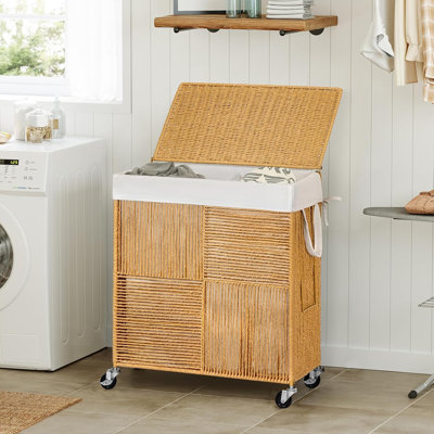 Double panier à linge avec couvercle, panier à linge roulant sur roulettes tissé à la main, panier à linge sale de 115 L avec sac à doublure amovible