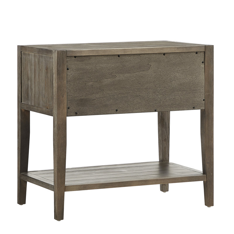 Table de chevet grise 1 avec système de conception de tiroir français, glissières latérales en métal, poignées noires, plateau coulissant pour plus de surface, rangement à tablette ouverte, style côtier rustique décontracté, sans assemblage