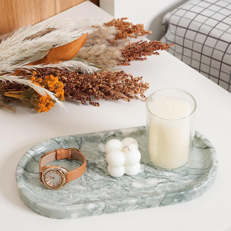 Retro Light Green Natural Marble Vanity Tray - Bathroom Countertop/Dresser Organizer for Perfume, Jewelry, Cosmetics