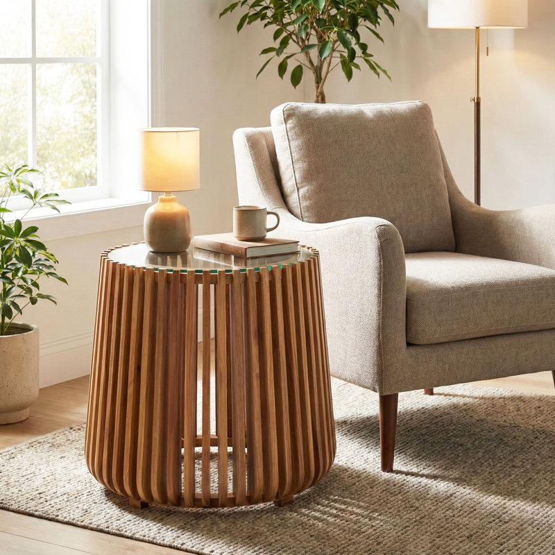 Table d'appoint en acacia Pinkney, Plateau transparent / base brune