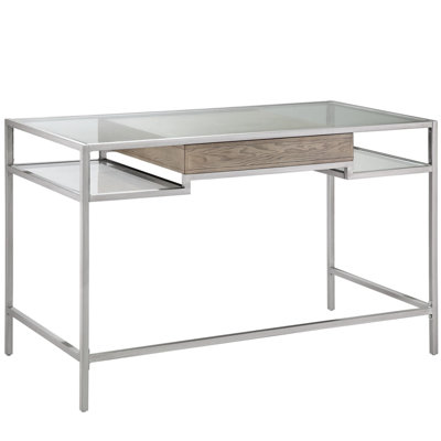 Writing Desk In Silver Metal And Tempered Glass, Finish Drawer For Functional Home Office Chic With Glass Top