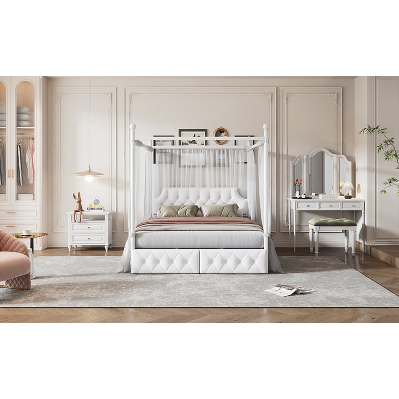 Metal Canopy Bed Queen With Upholstered Headboard And Two Storage Areas, White Platform Size 2 Compartment Units,
