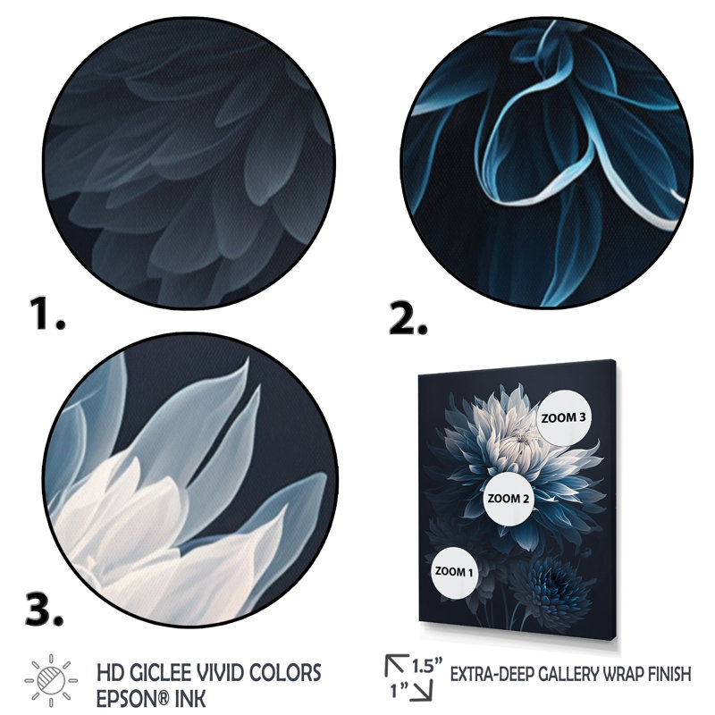 «Hyperrealistic Blue and White Flower II», reproduction sur toile, Impression noire sur toile encadrée, L 12 po x H 20 po