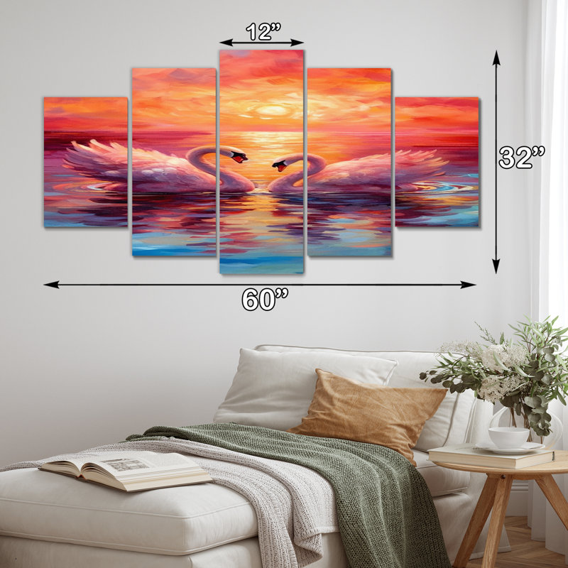 Swans In Love Reflection At Majestic Sunset - Décoration murale animaux cygnes - 5 panneaux