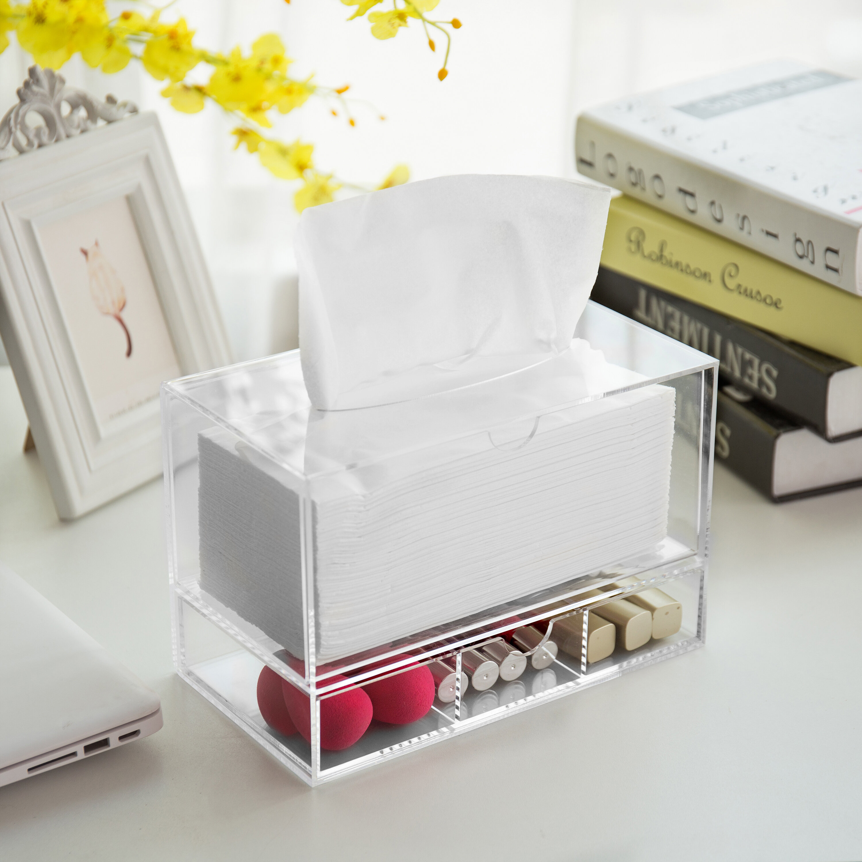 Clear Tissue Box Holder with Pull Out Drawer, Rectangle Dispenser Tissue Box  Cover and Cosmetic Organizer for Bathroom (9.3 x 7 x 5 In) 