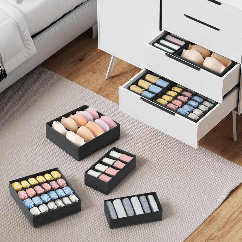 12 Pack Drawer Organizer Set - 114 Cells Foldable Fabric Dresser Dividers For Clothes, Socks, Bras, Underwear, Ties, Belts And Scarves, Non-Woven Storage Bins For Bedroom And Dorm