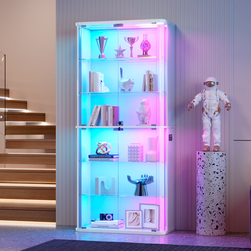 Vitrine 70,9 "à porte en verre T avec lumière RVB, armoire de rangement à 6 niveaux avec capteur de corps humain , Blanc