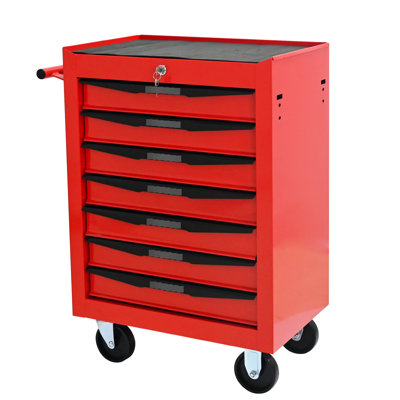Armoire à outils à 7 tiroirs pour atelier en rouge et noir, finition thermolaquée, glissières à roulement, 4 roulettes universelles 2 avec frein, chariot de rangement verrouillable à clé en acier laminé à froid,