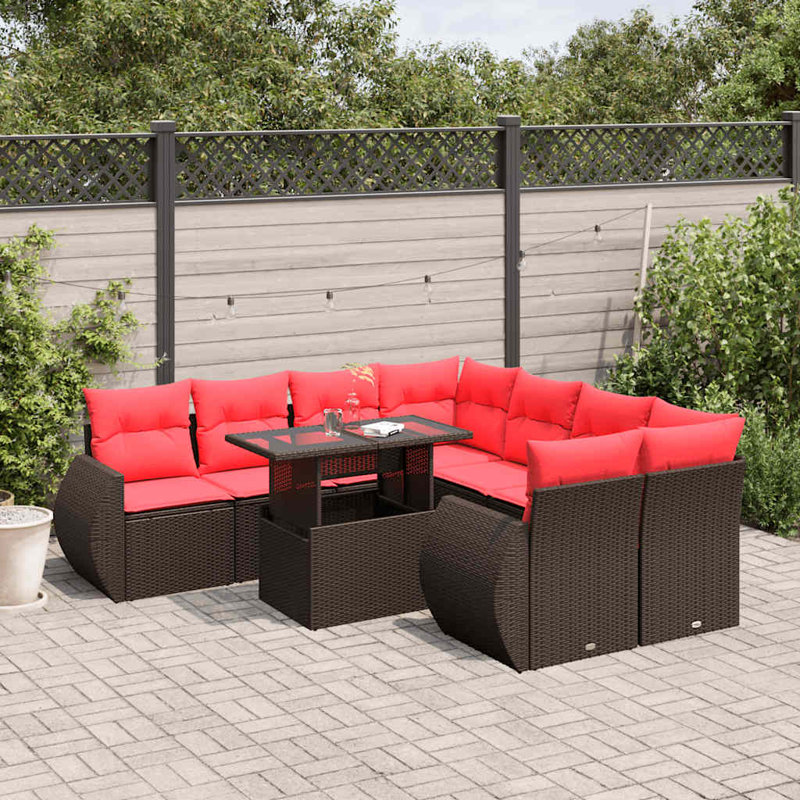 Ensemble de canapé de patio 9 pièces avec coussins en rotin de polyester, Rouge, Brun