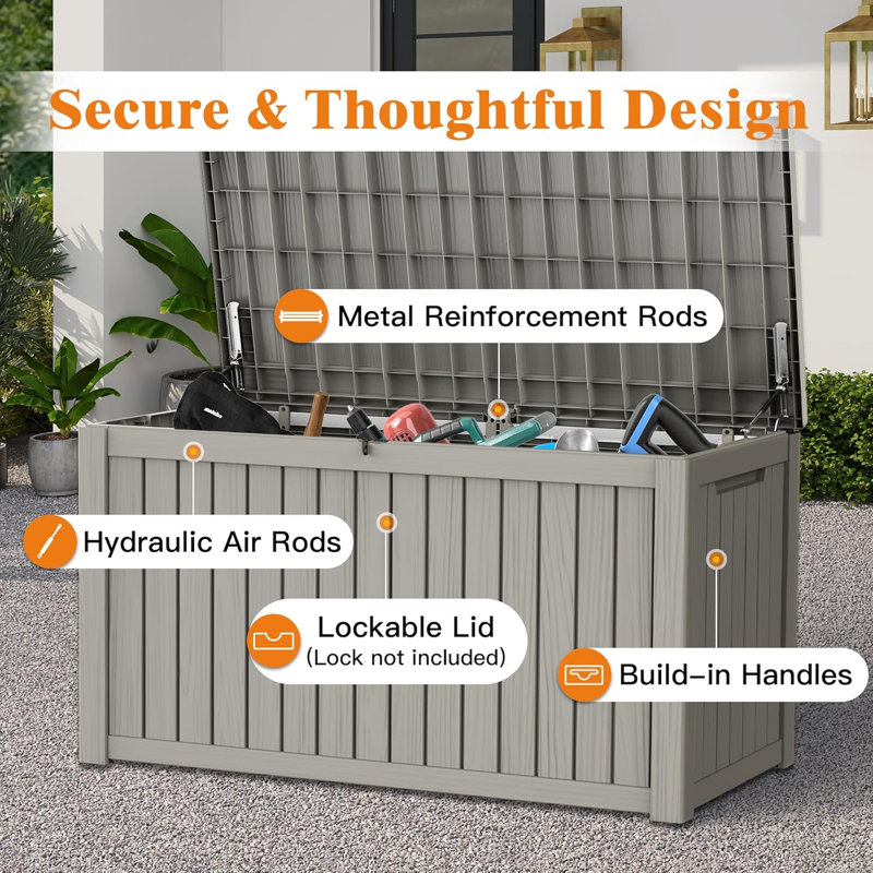 180 Gallon Outdoor Storage Box, Waterproof Deck Box With Handles And Lockable Lid, Resin Patio Storage Box With Hydraulic Rods For Garden Tools, Cushions