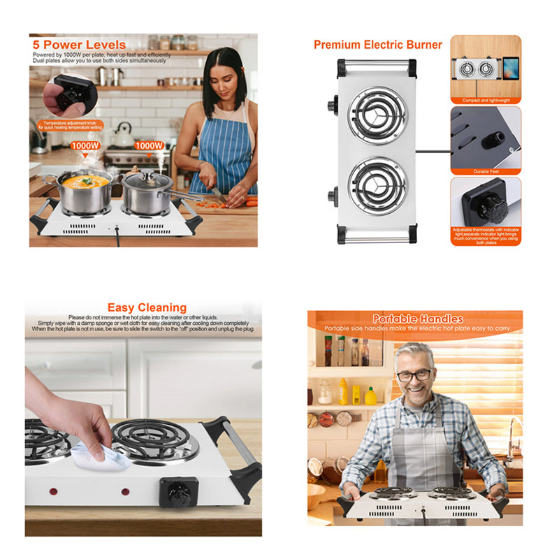 TONWIN 2000 Watt Electric Double Burner, Silver