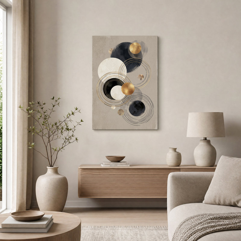 Cercles de marbre doré et noir sur toile beige, H 36 po x l 24 po
