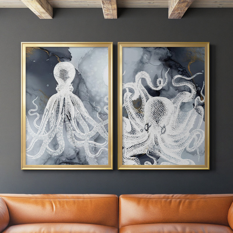 Octopus Ink I - ensemble de 2 reproductions d'art sur toile encadrées, Or, H 30,5 po x l 45 po x P 1,25 po