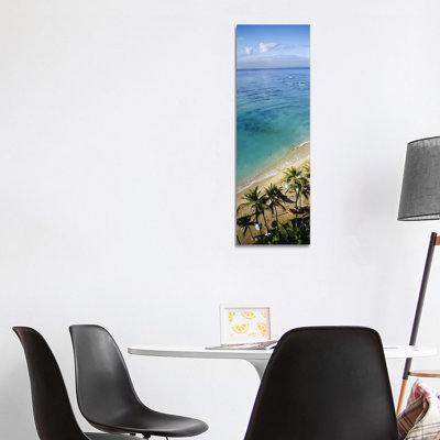 High Angle View of Palm Trees with Beach Umbrellas on the Beach, Waikiki Beach, Honolulu, Oahu, Hawaii, USA 1 Piece Wrapped Canvas Panoramic Wall Art