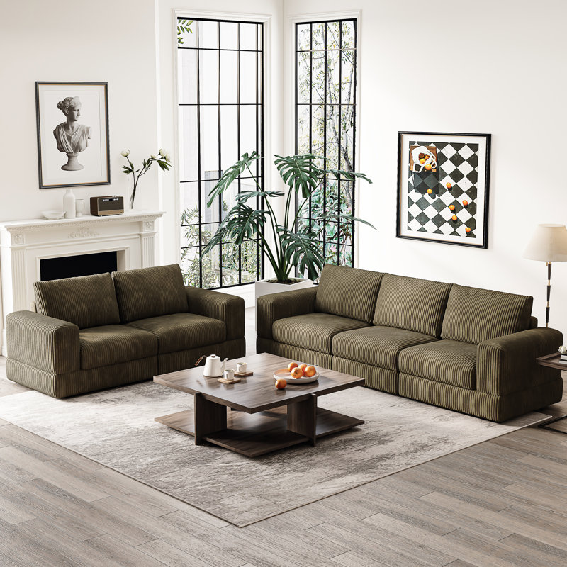 Edenburg Modern Corduroy Sofa, Modular Sectional Upholstered Couch with Soft Pillows Backrest and Deep Seat for Living Room