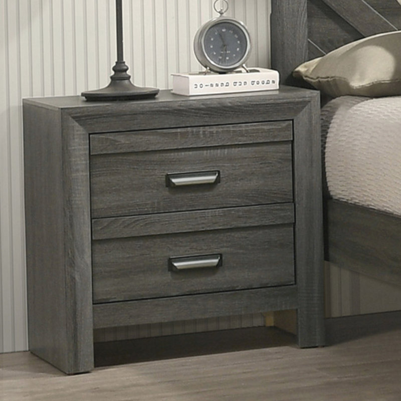 Table de chevet en bois Deera avec deux tiroirs de rangement, Noir / gris foncé