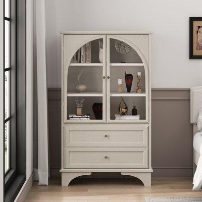 Glass Door Cabinet with 2 Drawers and Adjustable Shelf