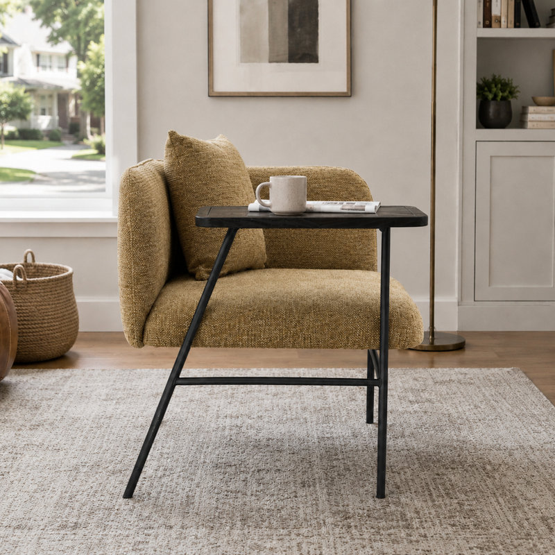 Canapé simple rembourré de détente moderne avec petit dossier de table intégré, pieds en métal et poches latérales pour le salon, la chambre et le jardin
