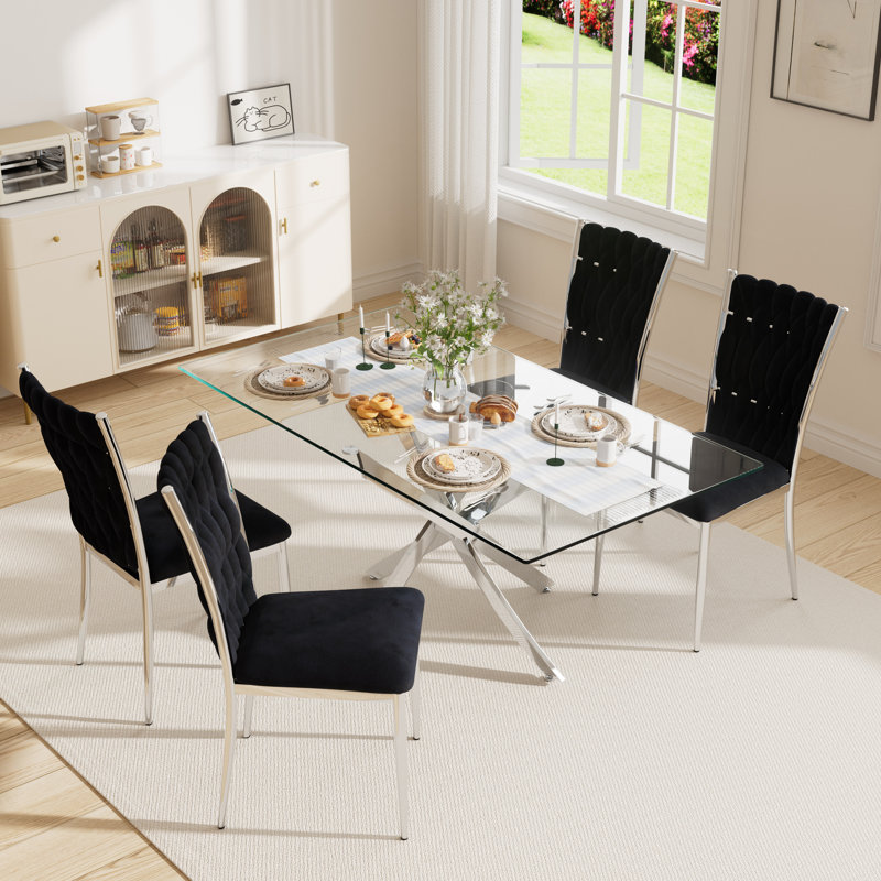 63" Rectangular Tempered Glass Table set, 5, Black/Silver