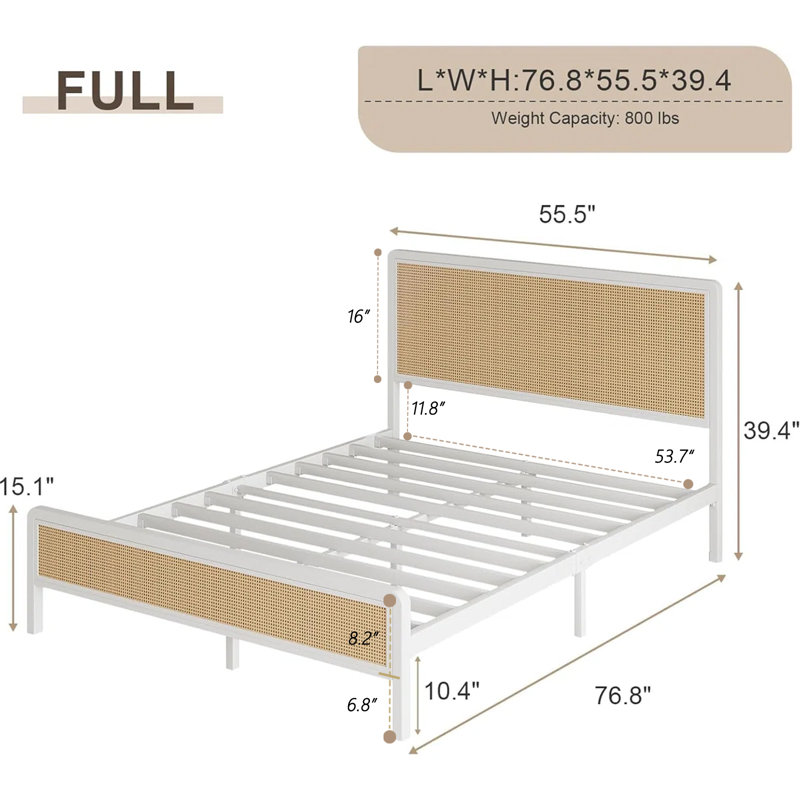 Metal Bed Frame with Rattan Headboard, Full, White