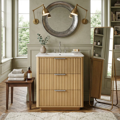 24" Modern Luxury Bathroom Vanity With Ceramic Sink, Solid Wood Frame Cabinet With Vertical Grooved Texture & 3 Storage Drawers, Natural Wood