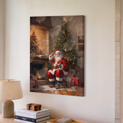 Toile, scène festive douillette mettant en vedette un joyeux père Noël assis dans un fauteuil rustique par un chaleureux foyer craquelé He