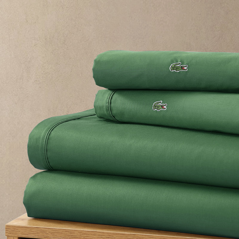 Lacoste Cotton Percale Sheet Set, Crisp Feel & Breathable Bedding, Deep Pocket Fitted Sheet, Green, King, Ivy Green