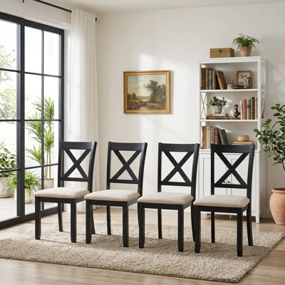 Chaises de salle à manger seulement, ensemble de 4 chaises de salle à manger en bois, chaise de cuisine avec siège rembourré, chaise d'appoint rembourrée pour salle à manger, salon, cuisine, noir et beige deux tons