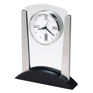 Denham Modern & Contemporary Tabletop Clock, Arched Glass Panel with Polished Silver Columns, Luminous Hands, Quartz Alarm Movement