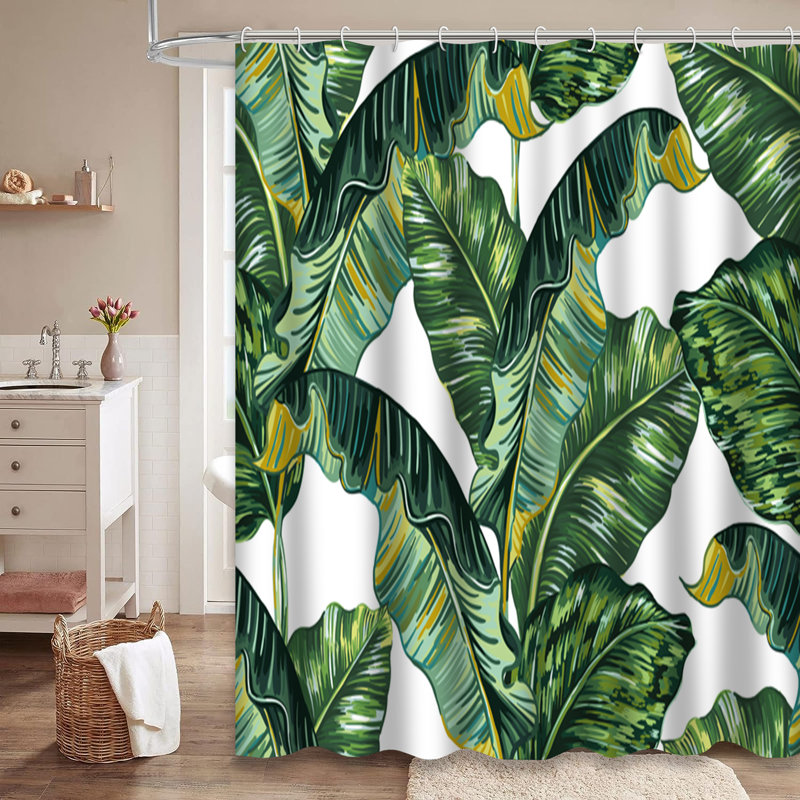 Rideau de douche vert à motif de feuilles de bananier avec 12 crochets, L 72 po x l 78 po