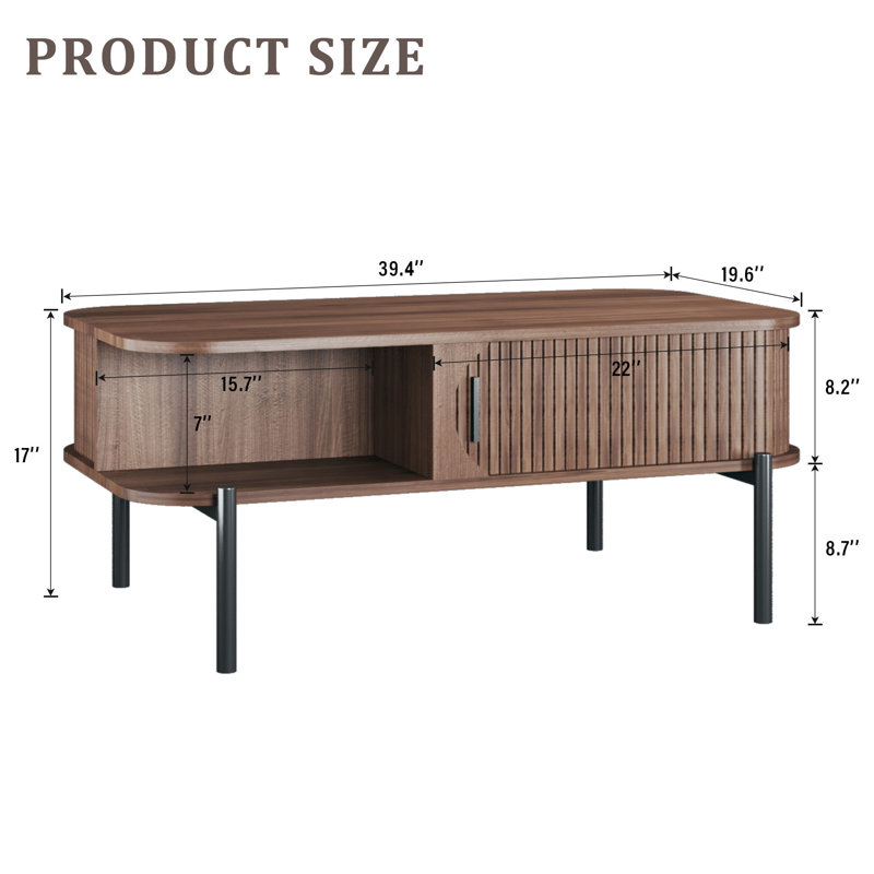 Single Coffee Table With Storage Fluted Sliding Door Cabinet, 17" H x 39.4" W x 19.6" D, Brown