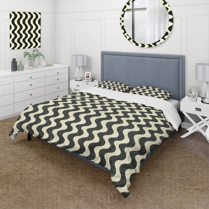 Ensemble de housse de couette beige Mid-Century Wave Lines III - Mid-Century