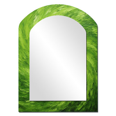 Green Serene Spiral Dreams IV - miroir mural en spirale abstrait, miroir décoratif asymétrique vert, impression sur métal