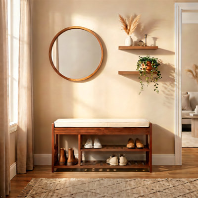 Solid Wood Shoe Storage Bench with Cushion