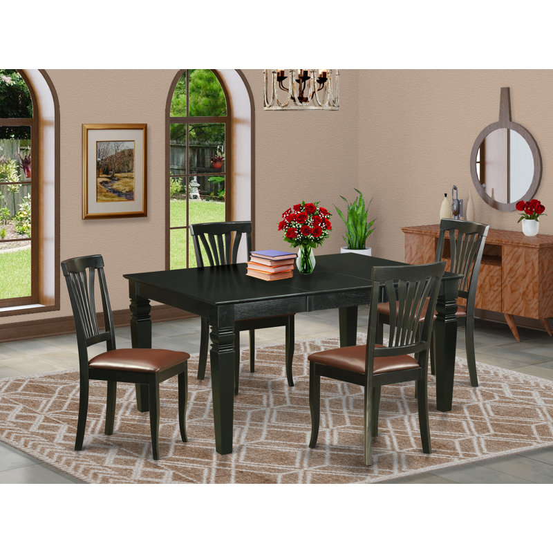 5 Piece Modern Dining Table Set Includes a Rectangle Wooden Table with Butterfly Leaf and 4 Faux Leather Dining Room Chairs, Black