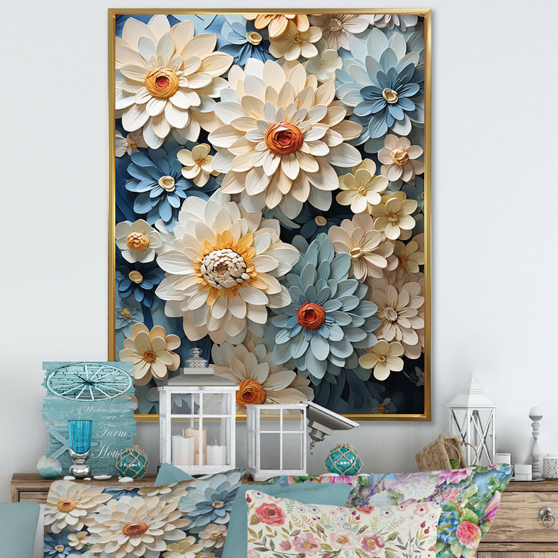 Décoration murale fleurs bleues Zinnias II - Zinnias, Cadre photo noir, H 32 po x l 16 po