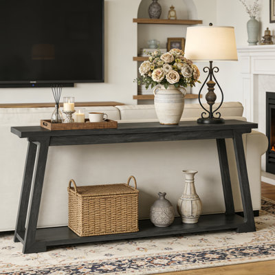 63-Inch Long Solid Wood Console Table, 2-Tier Narrow Sofa Table For Living Room, Entryway