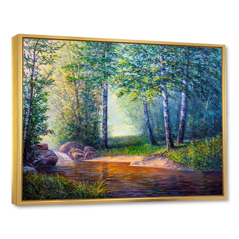 «Summer Scenery Of A Forest River II», art mural traditionnel sur toile, H 8 po x l 12 po x P 1 po, Cadre flottant doré