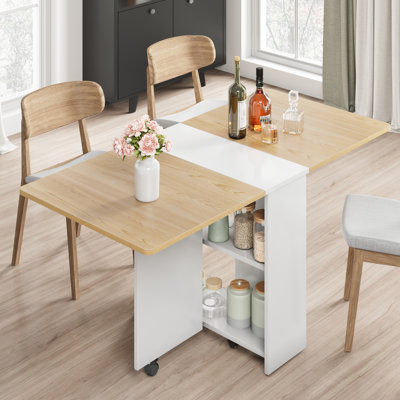Space-Saving Folding  Dining Table for 4 - Extendable Kitchen & Office Desk - 2 Storage Racks - 6 Wheels, Collapsible Rectangle - Light Wood Grain Flap + White Cabinet, 1200*600*750mm