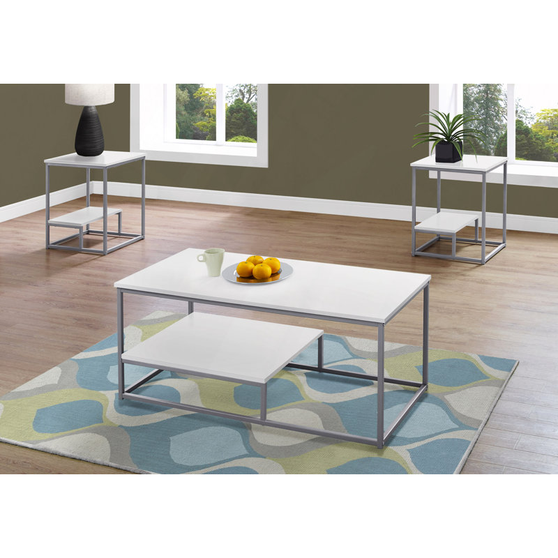 Ensemble de table, ensemble de 3 pièces, décor, salon, métal, contemporain, Blanc / Gris
