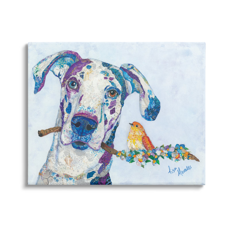 "Dane and Songbird" perché sur une branche de chien par Lisa Morales - peinture sur toile tendue, Toile tendue