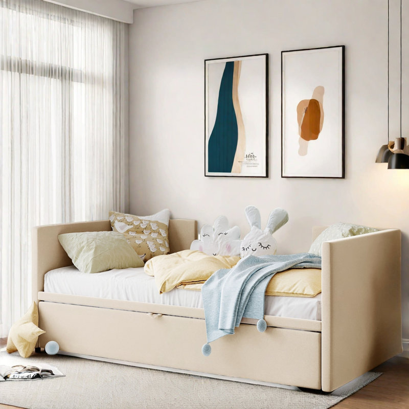Lit de jour rembourré avec lit gigogne, Beige