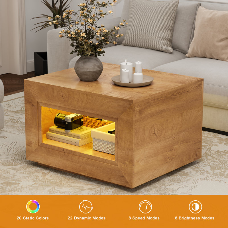 LED Lift-Top Square Coffee Table, Natural Wood