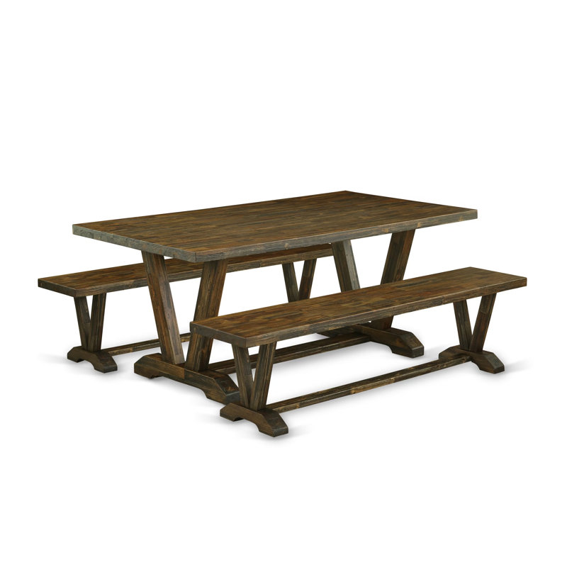 L'ensemble de table de salle à manger 3 pièces comprend une table de salle à manger en bois et 2 bancs de salle à manger - plateau de table Jacobean patiné et finition Jacobean patiné