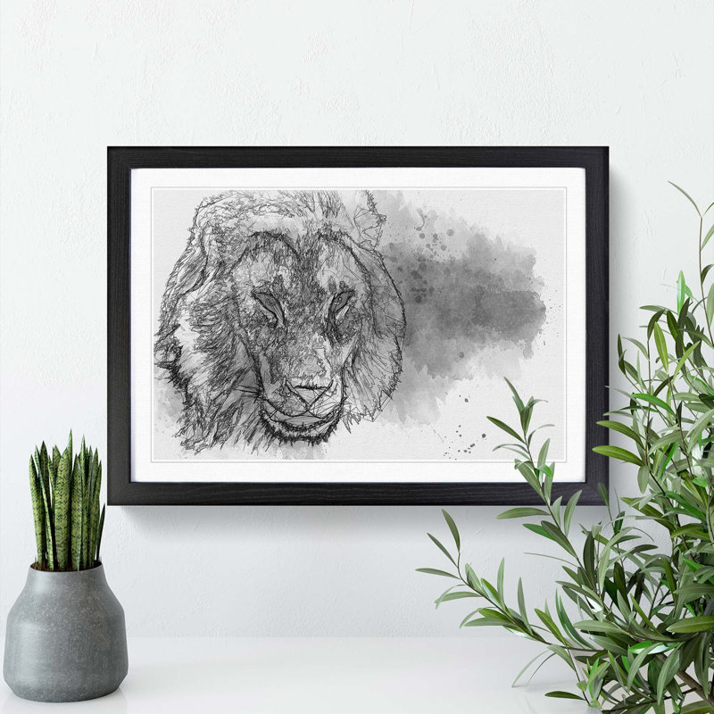 Portrait of a Lion in Abstract - Picture Frame Graphic Art Print, 60cm H x 91cm W x 2cm D, Black