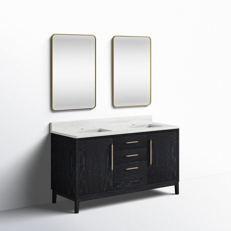 Meuble-lavabo double sur pied 60 po Langosta, Bois de sapin / noir