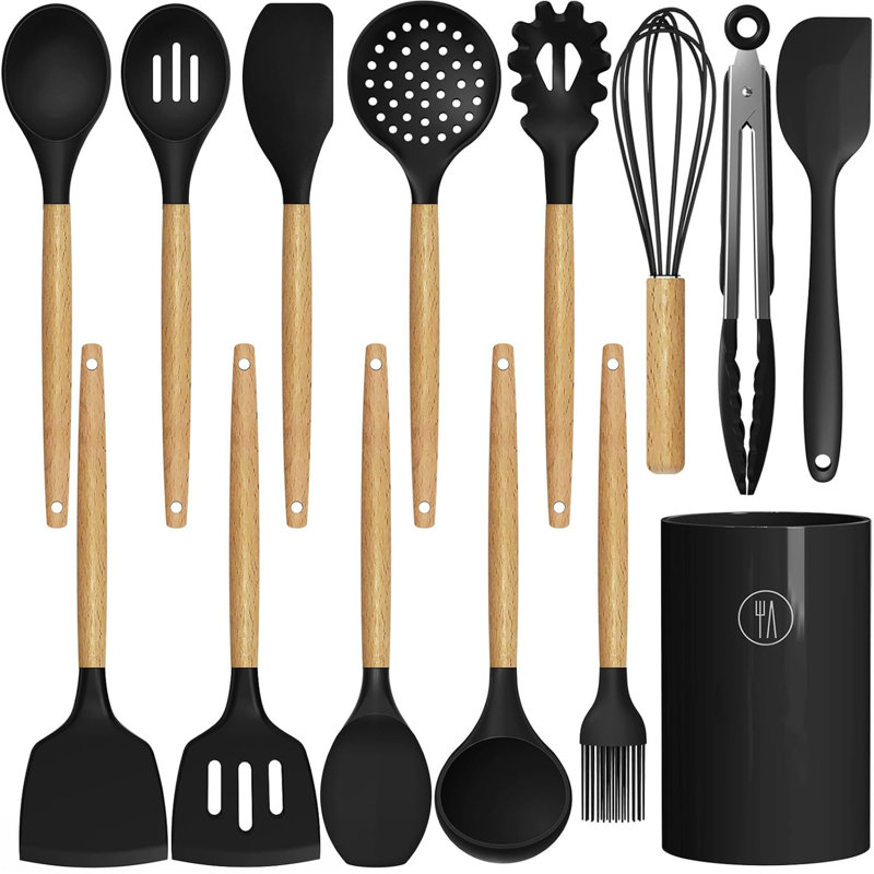 14 PCS Silicone Cooking Utensil Set, Wooden Handle Kitchen Utensils Set, Non-Stick,Heat Resistant, BPA Free