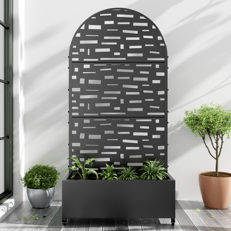 Arch Metal Planter Box with Trellis with Wheels, 72" H x 35" W x 16" D