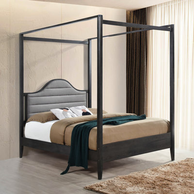 Lit double à baldaquin avec tête de lit tapissier en bois, tête de lit